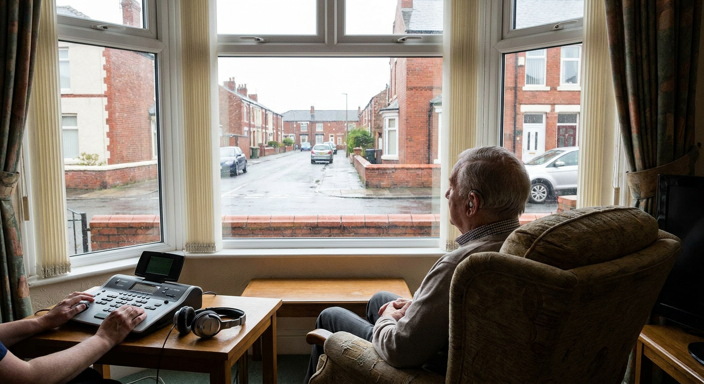 generic residential setting, no local landmarks or identifiable buildings. elderly hearing test