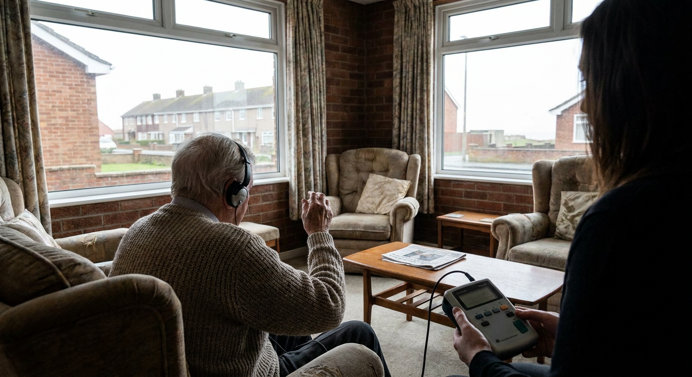 generic residential setting, no local landmarks or identifiable buildings. elderly hearing test